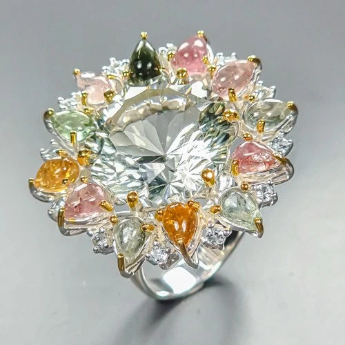 Handmade 30 ct+ Natural Green Amethyst Ring 925 Sterling Silver Size 8 /R454936