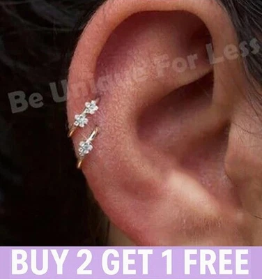 Cartilage Tragus Helix Hoop Ring Flower Crystal Earrings Silver Gold Piercing - Image 1 of 4