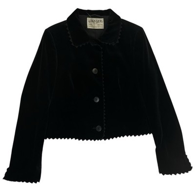 VTG Jaeger Black Velvet Zig Zag Trim Cropped Button Up Jacket Women's Size 12