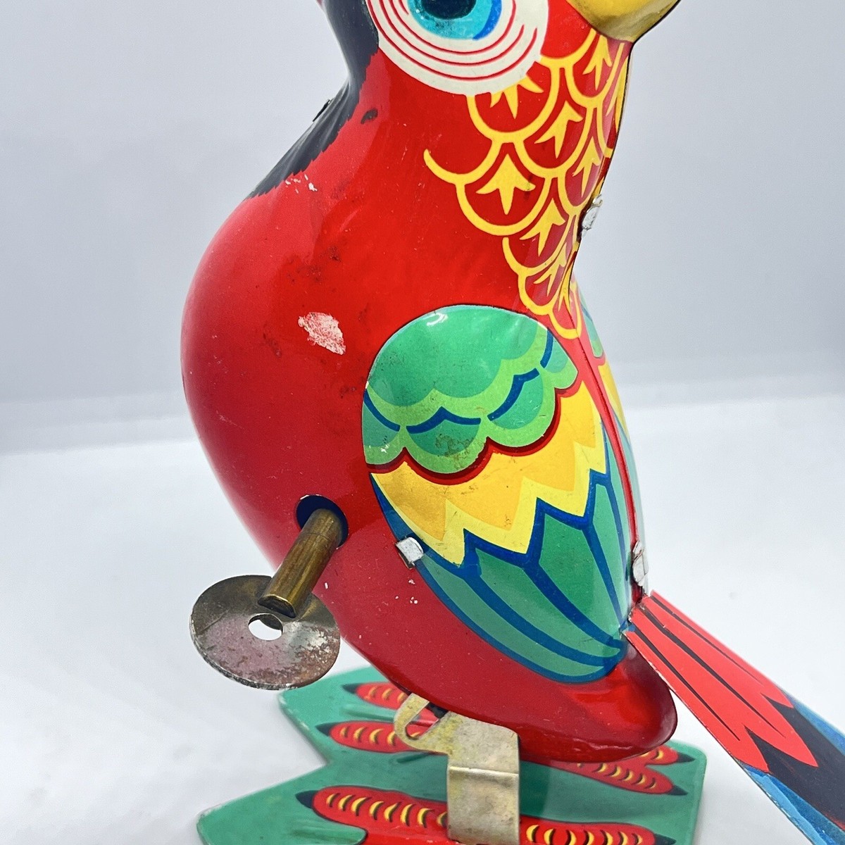 Vintage Walking Wind-Up Tin Bird Parrot Toy 1970's Missing Winding