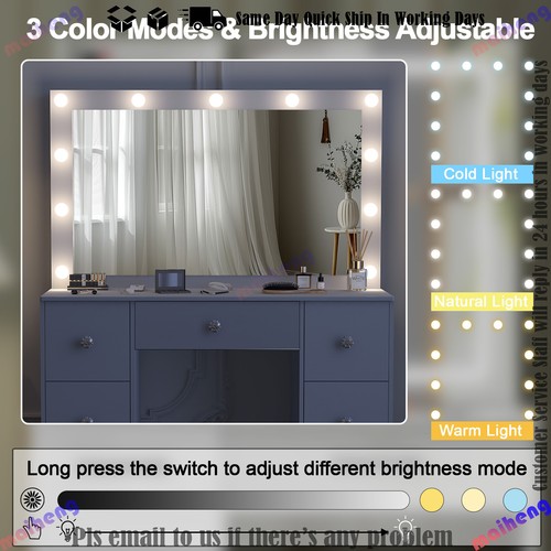 Large LED Lighted Mirror Makeup Dressing Desk Vanity Table with 7 Drawers White - Picture 6 of 12