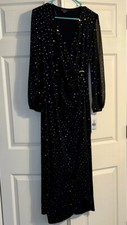 Black Sequin Gown with Cowl Neck and Sheer Sleeves