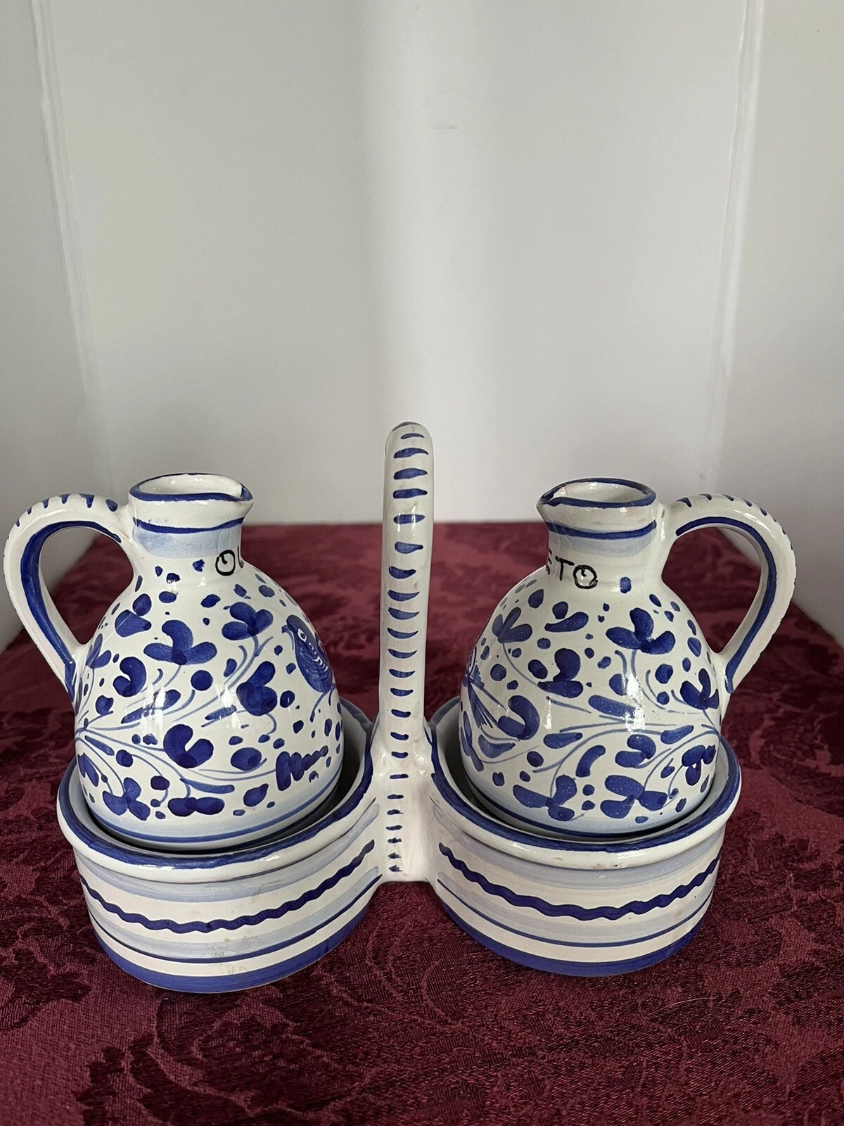 Fima Deruta Italian Pottery Blue White Oil & Vinegar Set w/Caddy Made In Italy
