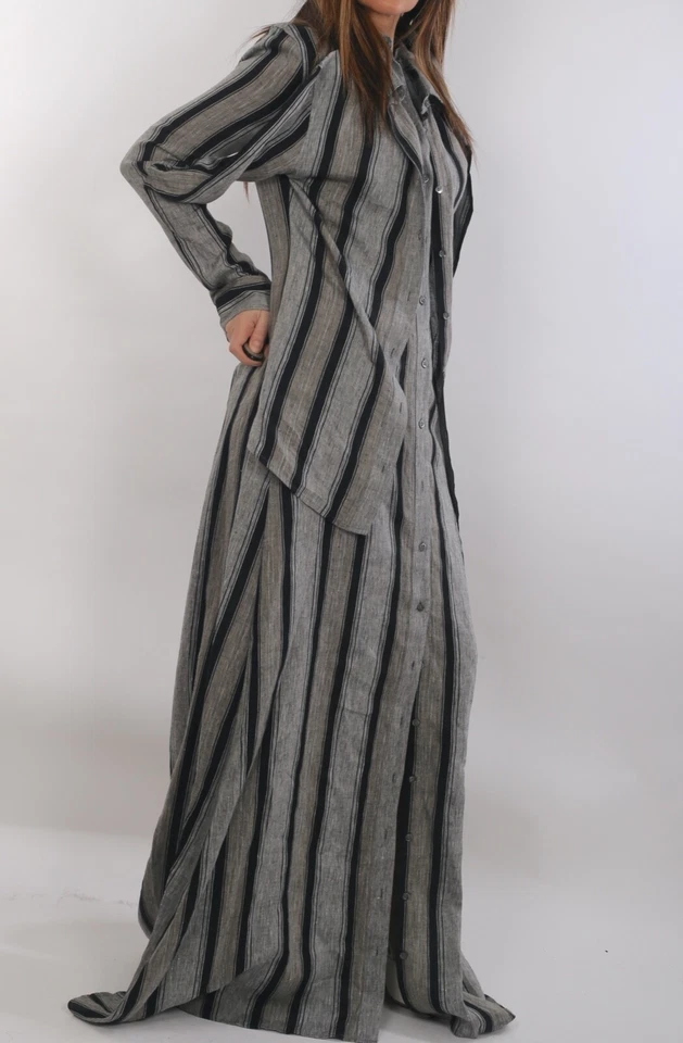 Y/PROJECT Gray Linen Striped Long Sleeve Button Down Tie Front Maxi Dress Size S - Image 3 of 4