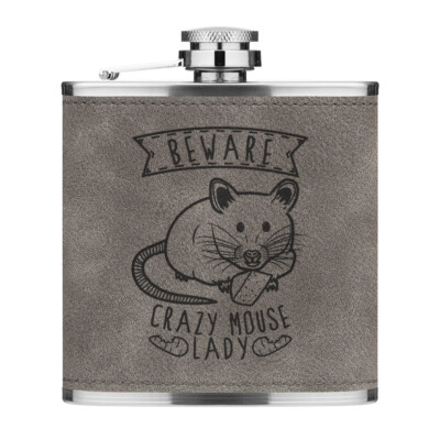 Beware Mouse Beware Crazy Mouse Lady 6oz PU Leather Hip Flask Grey Funny | eBay UK