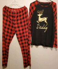 Christmas Pajamas 2pc Set Red/Black Plaid Deer Antler Daddy Pullover L/S Size L