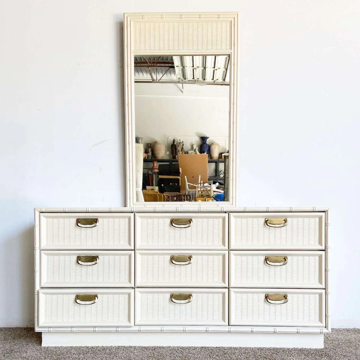 Boho Chic Off White Faux Bamboo Dresser With Mirror eBay