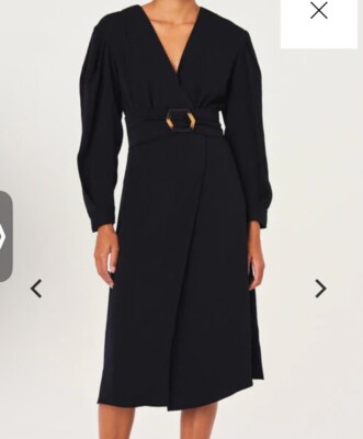 Bash Ba&sh Briane Wrap Dress L Black Long Sleeve Oversized Buckle Belt Stretch