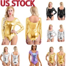 Women's Shiny Metallic PVC Leather Gymnastics Bodysuit Ballet Dance Leotard