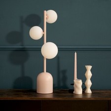 Marlow 3 Way Table Lamp in Blush Pink with White Glass Globe Shades