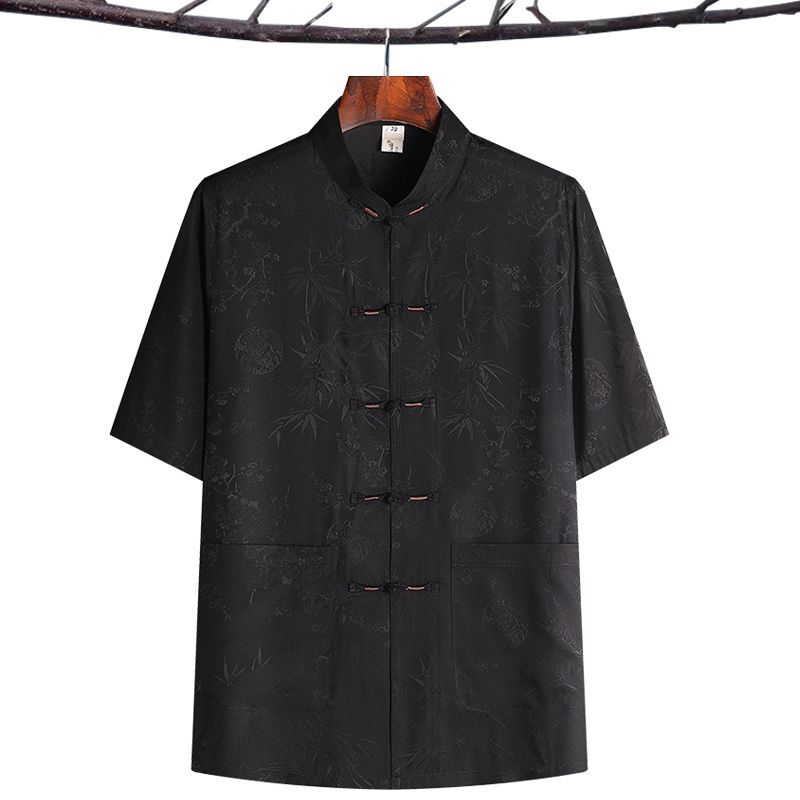 レア　shanghai tang チャイナシャツ　黒　中国歴史人物ボタン　メンズ Chinese Men Top Tang Suit Shirt Short Sleeve Bamboo Printed Frog