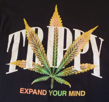 Trippy T-Shirt Black Short Sleeve Marijuana Leaf Design Expand Your Mind