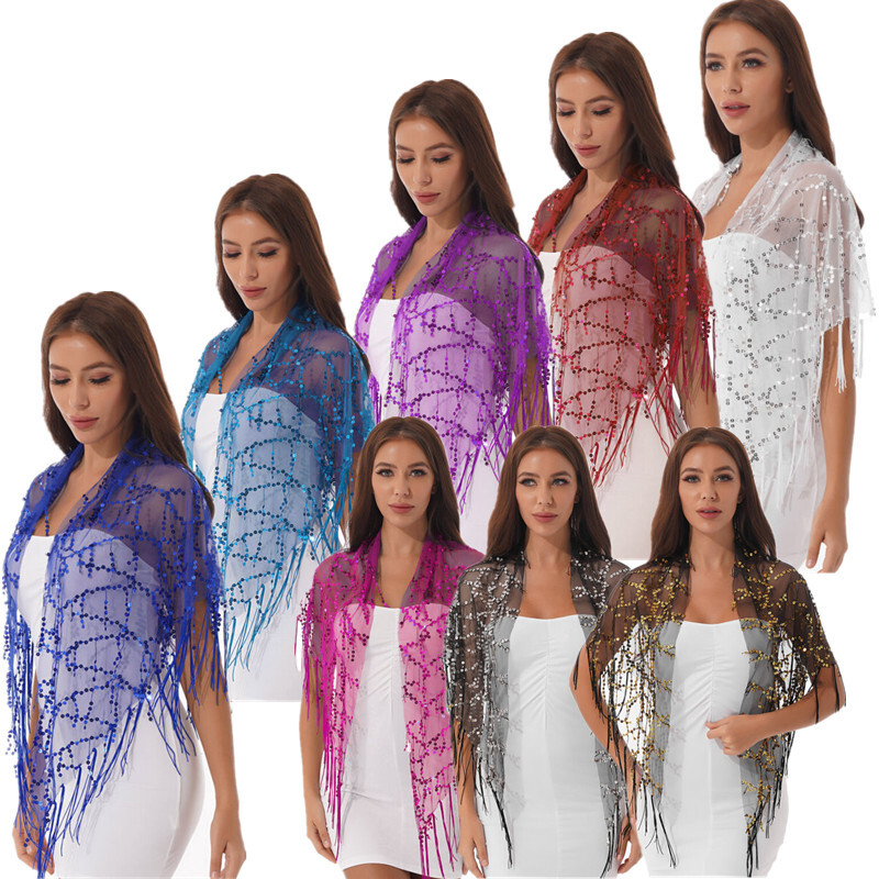 Womens Tassel Beach Cover Ups See-through Mesh Shawl Evening Party