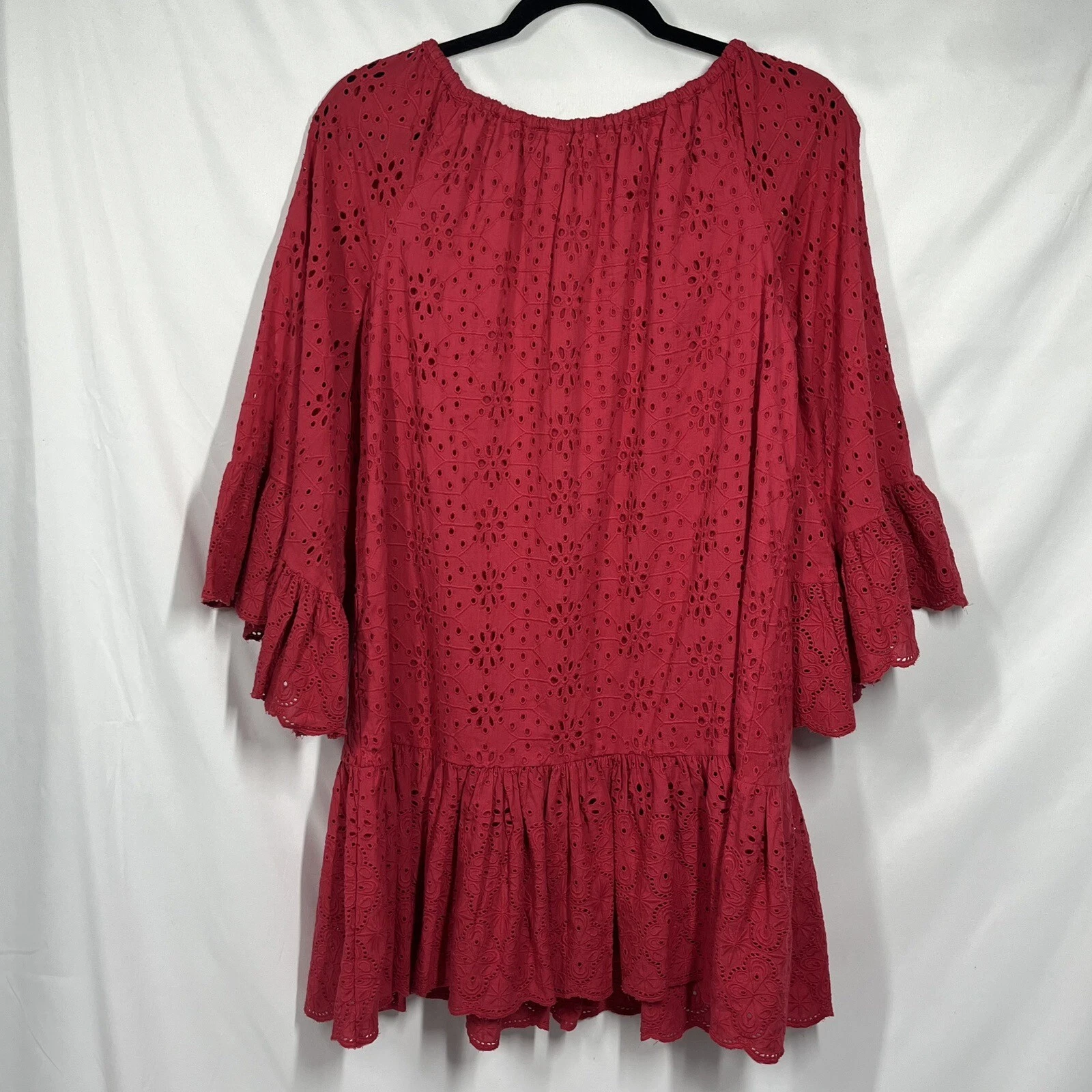 VALENTINO Sundance Mini Abito Occhiellato Rosso Manica a Campana Increspature XS Boho Hippie Fata Contadina