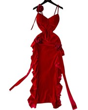 Hot French Retro Red Velvet Dress Evening Party Sleeveless Split Christmas Dress