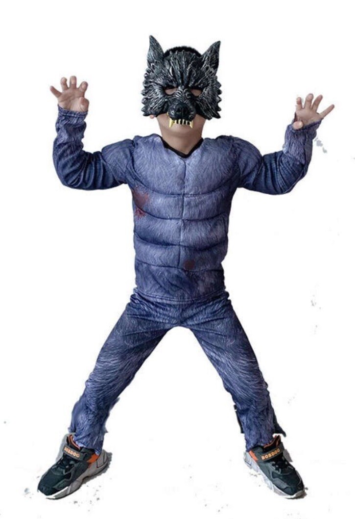 Niños Lobo Musculo Disfraz Trajes Niños Halloween Lobo Disfraces, Máscara Lobo 5-8 Años