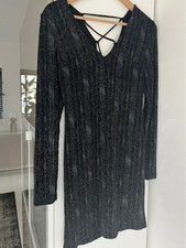 Topshop Sparkly V-Neck Black Party Dress Size 10 – Fitted, Criss-Cross Back