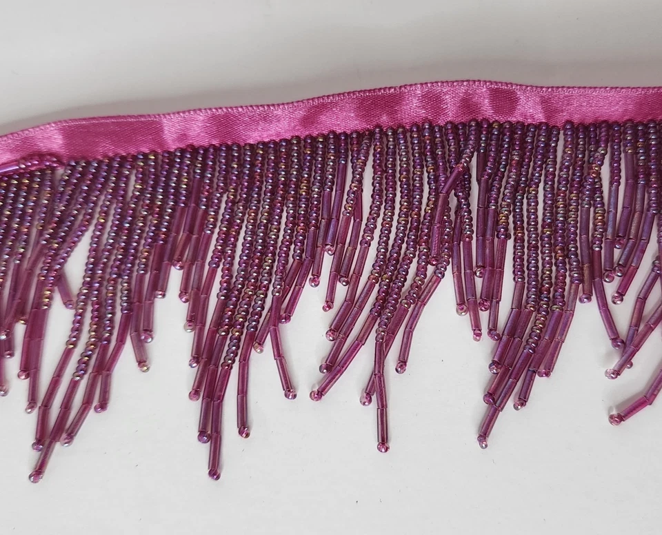 Fuchsia Beaded Fringe Trim – 9 Yards, 3” Width, Glass Beads, Used - Image 4 of 4