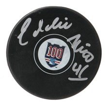 EDDIE MIO NEW YORK RANGERS 100 CENTENNIAL NHL SIGNED AUTOGRAPHED LOGO PUCK COA