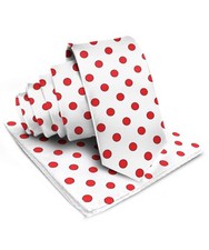 Satin Polka Dot Necktie Pocket Square Set for Men - Matching Men's White/Red