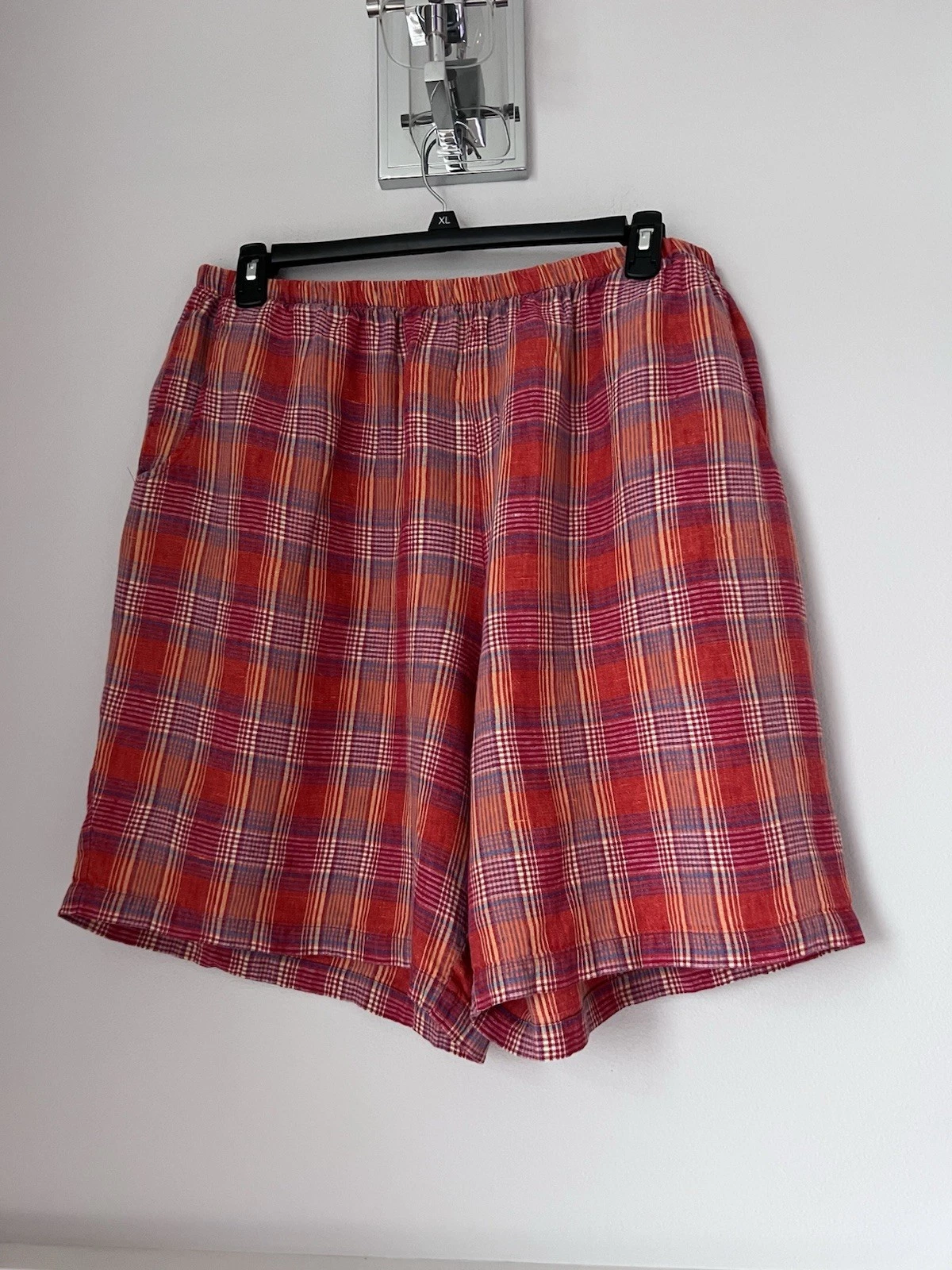 Womens Flax Plaid Linen Elastic Waist Shorts Size 2XL