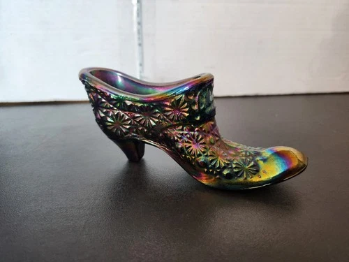 Vintage Fenton Purple Iridescent Carnival Glass Daisy and Buttons Slipper Shoe