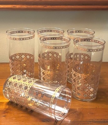 Vintage MCM Culver ''CANNELLA'' 22k Gold Plated Cane Highball Glasses (Set of 6)