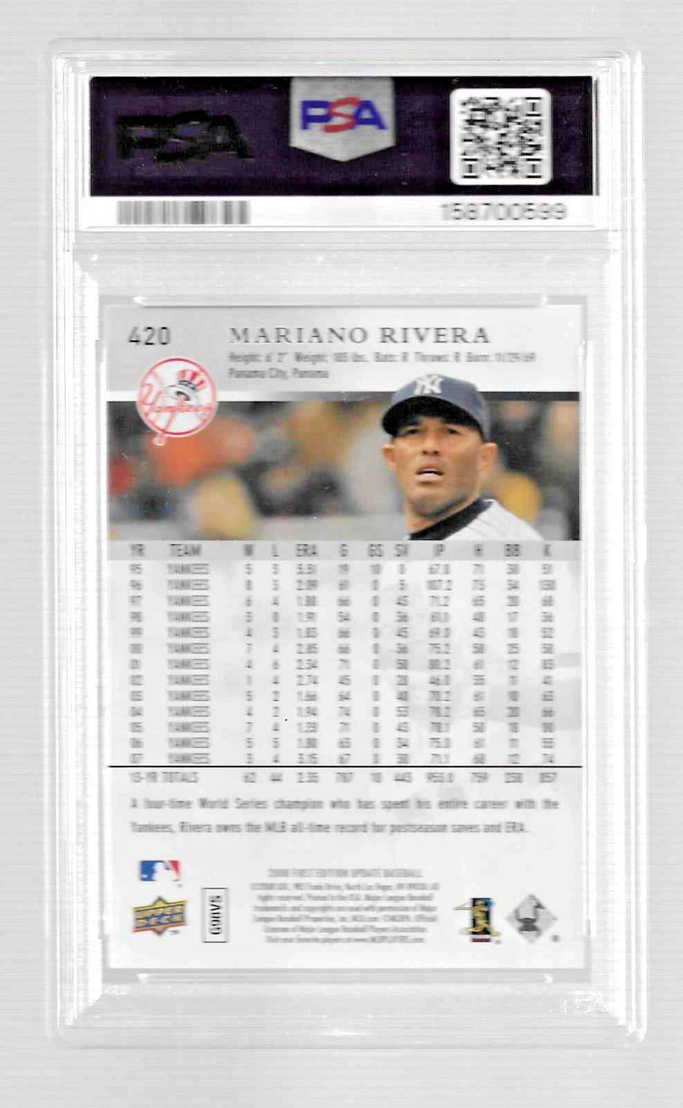 2008 U D FIRST EDITION BASEBALL CARD #420 HOF MARIANO RIVERA PSA 10 MLB YANKEES view 4