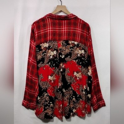New CATO Plaid Floral Button Shirt Womens XL Red Boho Retro 90s Y2K Holiday