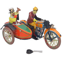 Bicicletta giocattolo vintage PAYA latta avvolgibile sidecar con chiave cavo palloncino metallo 16,5 cm