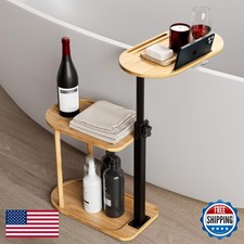 Yumkfoi 3 Layer Bath Tub Tray Table Freestanding Bamboo Bath Tray Caddy For Tub