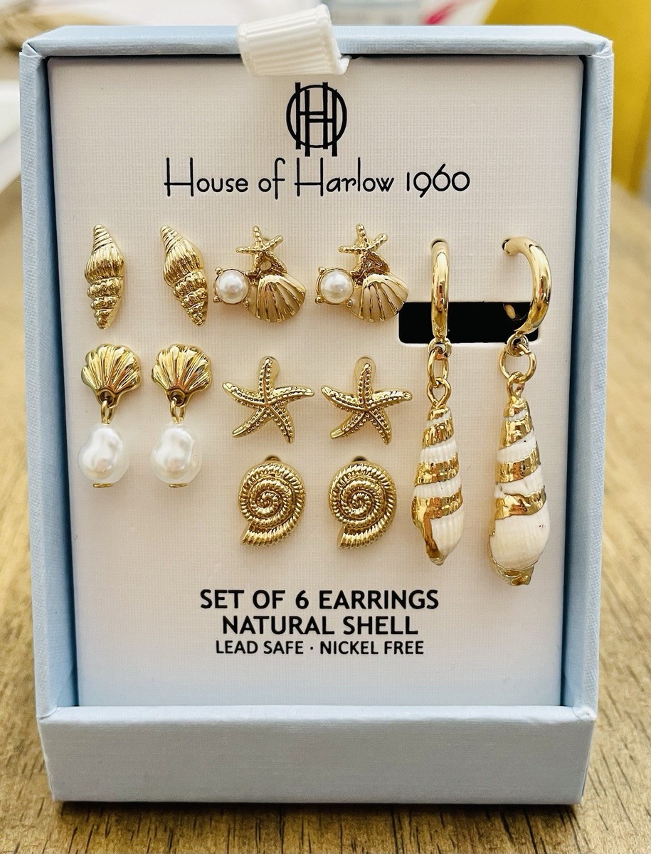 House of Harlow 1960 Set Of 6 Gold Pearl Natural Shell Earrings