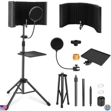 Mic Isolation Shield with Stand Curved Panel for Microphone, Foldable Mic Shield