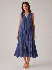 NEW Boho Crinkle Cotton Maxi Dress Blue Sleeveless V-Neck Lightweight Thailand