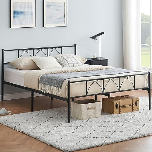 Queen Size Metal Bed Frame with Sturdy Headboard & Footboard, Reinforced Slat Support  