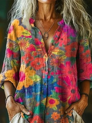 Boho Blouse Women Sunflower Peace Graphic Long Sleeve Aesthetic Button Top