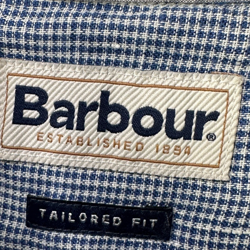 Barbour Mens Button Down Linen Shirt Medium Blue Houndstooth Plaid Flip Cuff - Image 4 of 4
