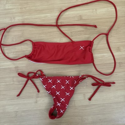 Boutine LA Swimsuit Red Thong Bikini Set Size Small Medium Bandeau Thong X Print