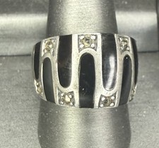 Sterling Silver 925 Z 8.75 Ring Black Onyx And Marcasite 7.7 Gram Wide Band