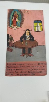 Vintage 1969 Mexican Folk Art Tin Painted Picture Man At Table 12 x 7 Shelf H4 