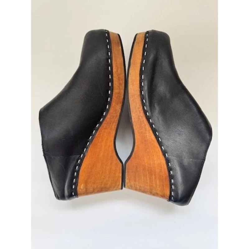 Zuecos de cuña para mujer Kelsi Dagger talla 7 cuero negro plataforma de madera sin cordones Foto 3 de 4