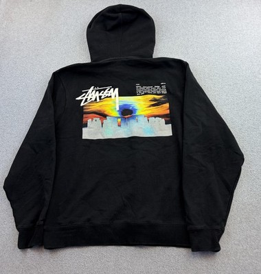 Stussy Hoodie Mens Large Black Pullover Fleece Sweatshirt Stonehenge Art Graphic