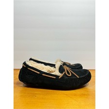 UGG Black Suede Fleece-Lined Moccasin Slippers with Tan Trim