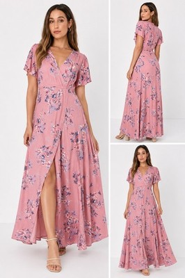 Lulus Fiorire Rose Floral Print Wrap Maxi Dress Pink NWT Size L