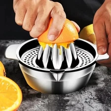 Stainless Steel Citrus Juicer–Manual Hand Press Lemon Squeezer w Bowl & Strainer