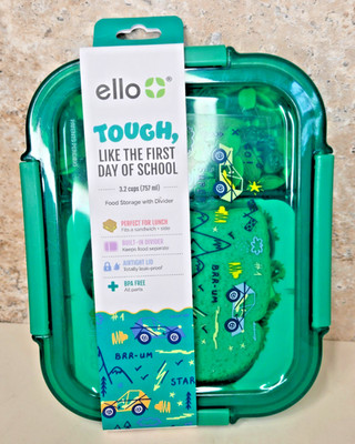 Ello Kids Side by Side Lunch Container Plastic Green Divided 3.2 Cups Bento Box