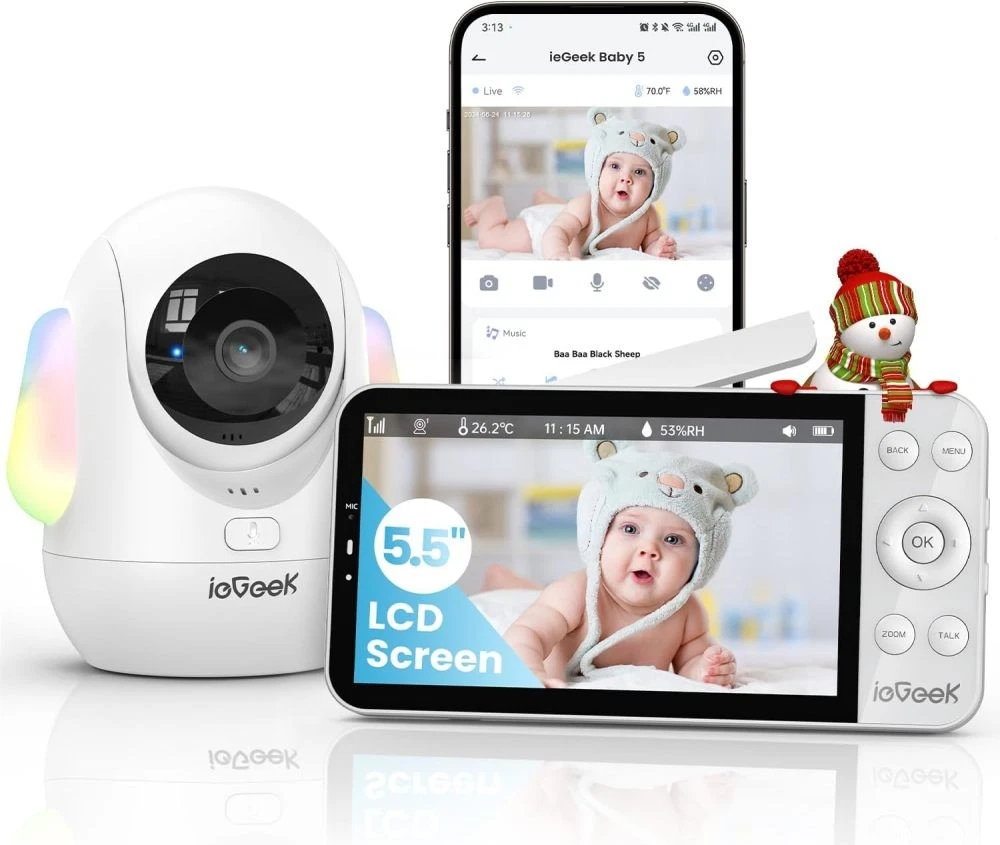 ieGeek 5.5" Baby Monitor with 2.5K Ultra HD Night Light Cry Detection AppControl