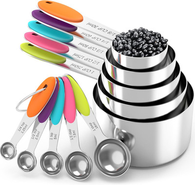 Nesting Measuring Cups and Spoons Set, Stainless Steel with Soft Silicone Handle