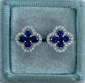 Authentic 2Ct Lab-Created Sapphire women's Clover Stud Earrings 14K White Gold Plated