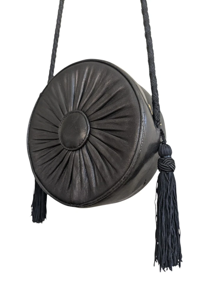 Vintage CAREY ADINA NYC 1988 Geometric Soft Black Leather Round Crossbody Bag - Image 3 of 4